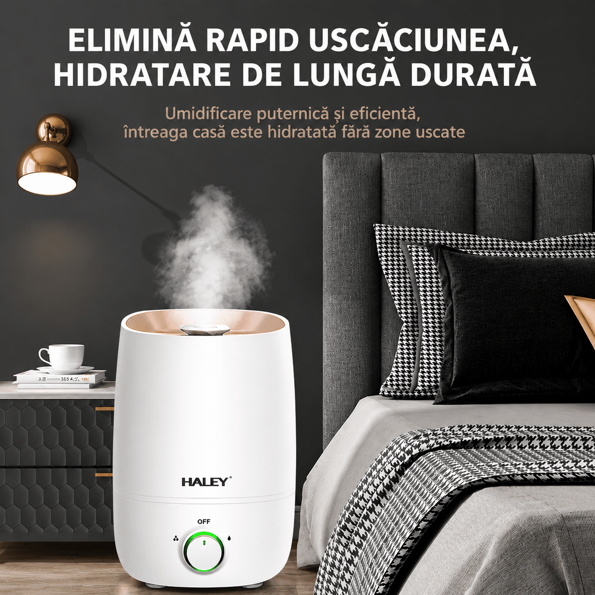 Umidificator De Aer Haley HY-3100, 5L, 1000W, Umidificare 360°, Reglare Continuă a Ceții, Rezervor Mare