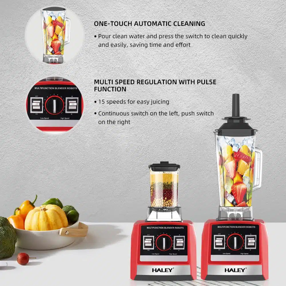 Blender Profesional HALEY® HY-982, 5500W, Recipient 2.5L, Lame din Oțel Inoxidabil, Funcționare Umed/Uscat, Roșu/Negru