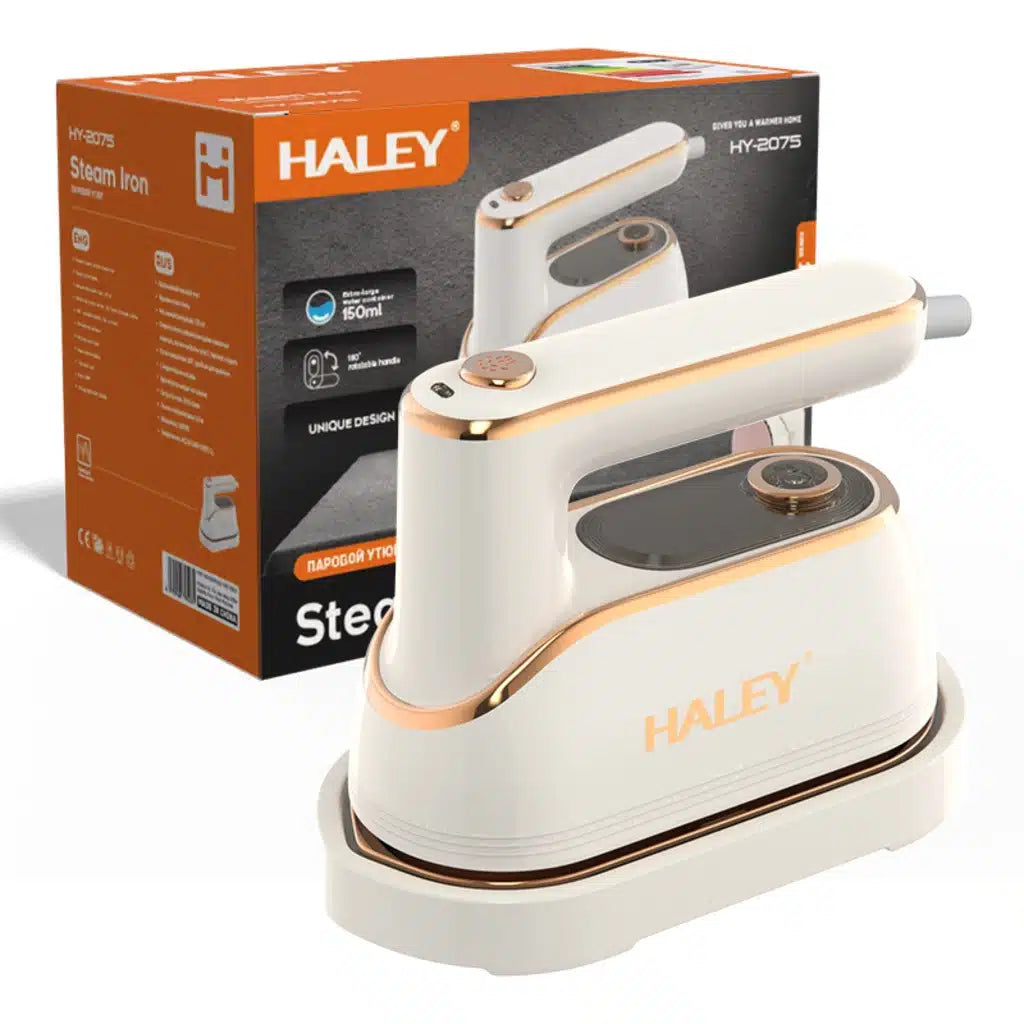 Fier de Călcat Vertical cu Aburi HALEY HY-2075, 1300W, Rezervor 150 ml, Talpă Ceramică Antiaderentă, Abur Puternic, Încălzire Rapidă, Alb/Auriu