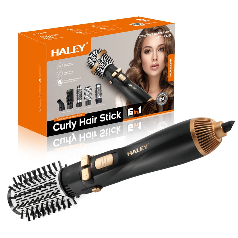 Perie Rotativă cu Uscător HALEY 6 în 1, 1200W, Capete Interșchimbabile, 3 Trepte, Încălzire Rapidă, Protecție Păr, Design Negru