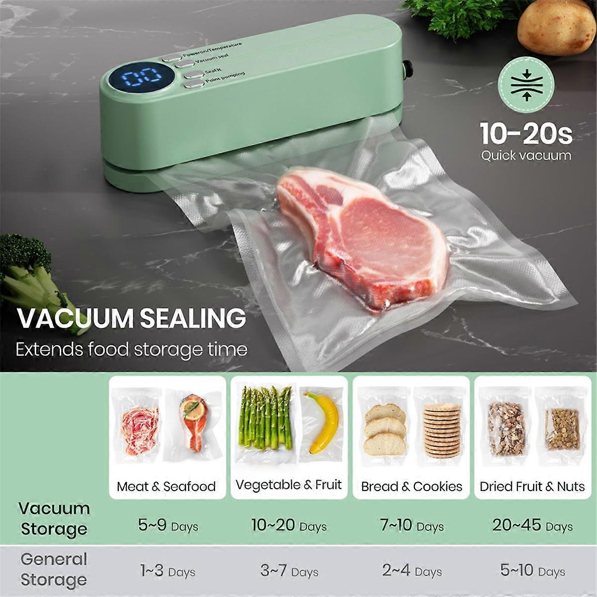 Aparat de vidat portabil, 3 in 1, pentru alimente umede/uscate, verde/bej, cu 5 pungi de sigilare