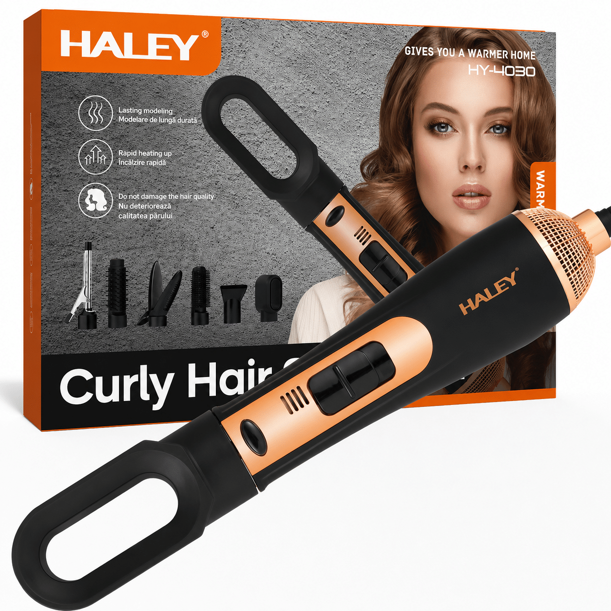 Aparat de Coafat Multifuncțional HALEY HY-L4030 7 în 1, 1200W, 27.000–28.000 RPM, Uscare, Ondulare, Netezire și Volum, Accesorii Interschimbabile