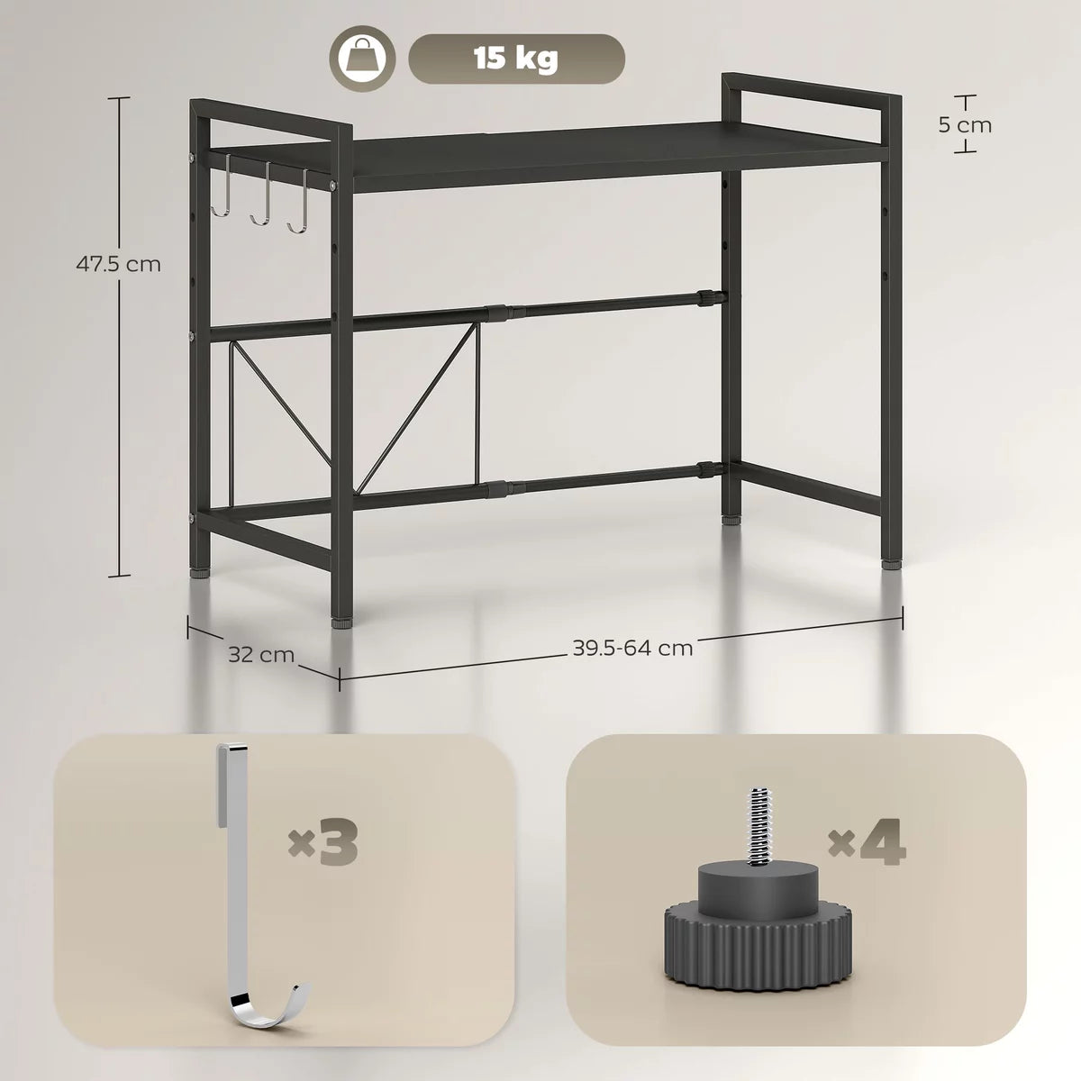 Suport extensibil pentru cuptor cu microunde, 2 niveluri, alb, 40-64x45x36.5 cm, cu carlige
