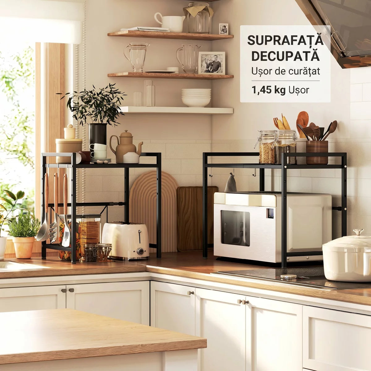 Suport extensibil pentru cuptor cu microunde, 2 niveluri, alb, 40-64x45x36.5 cm, cu carlige