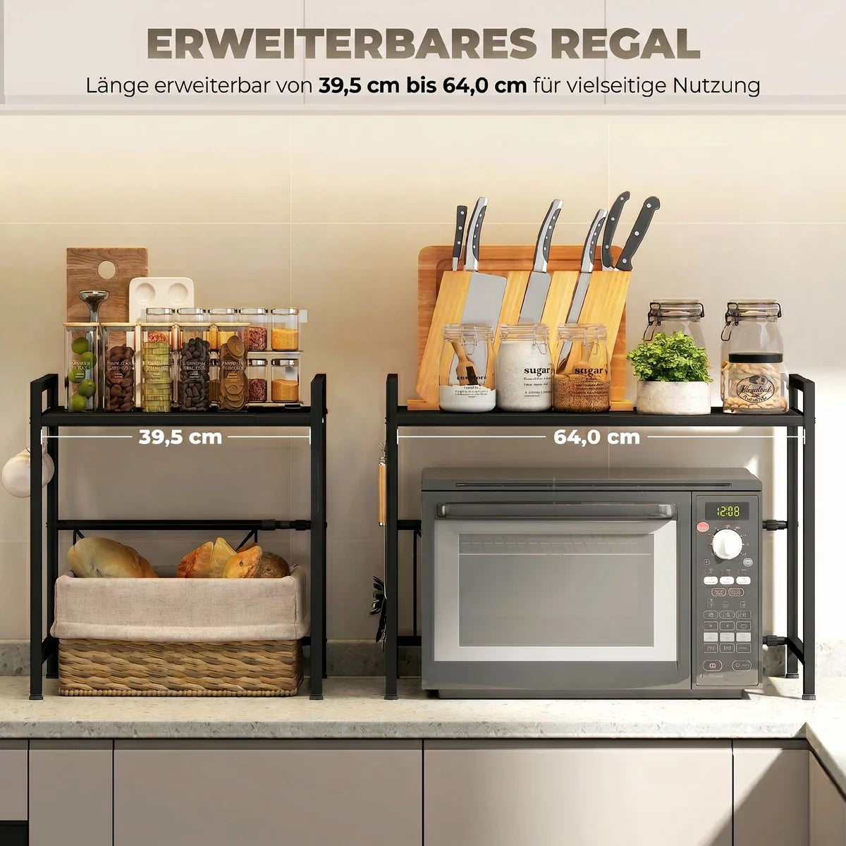 Suport extensibil pentru cuptor cu microunde, 2 niveluri, alb, 40-64x45x36.5 cm, cu carlige