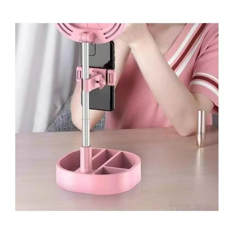 Lampa circulara patrata SIKS® de machiaj, cu oglinda si suport telefon/accesorii, portabil, 64 leduri, roz