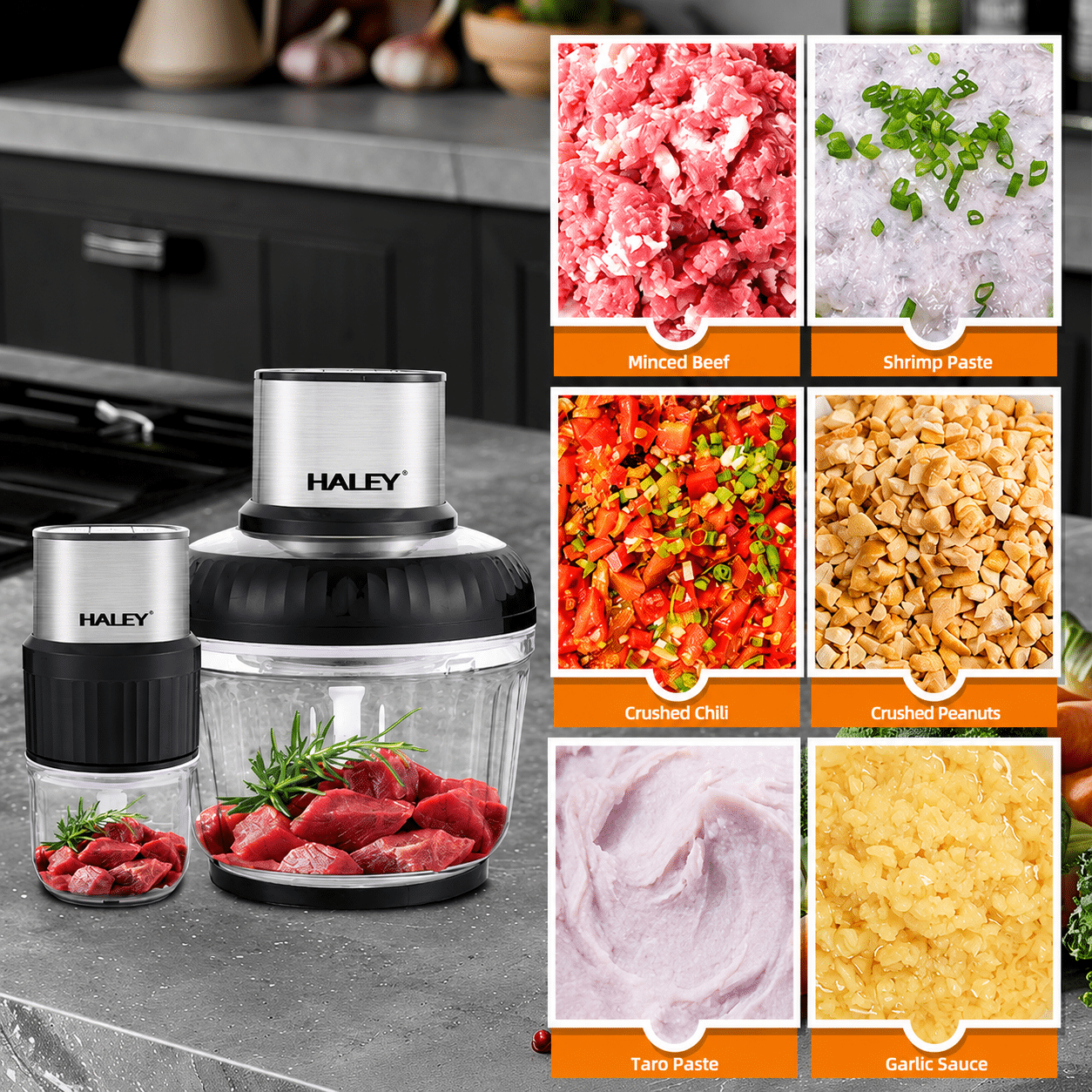Tocător Electric Haley HY-1249, 500W, 2 Recipiente 2.5L + 0.5L, 3 Viteze, 4 + 6 Lame, Sticlă Borosilicată
