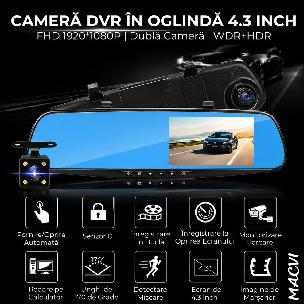 Oglindă Auto Retrovizoare DVR Macvi®, Cameră Duală Față + Marșarier, Full HD 1080P, Display 4.3", G-Sensor, Detectare Mișcare, Monitorizare Parcare, Înregistrare în Buclă, Unghi 170°, Negru