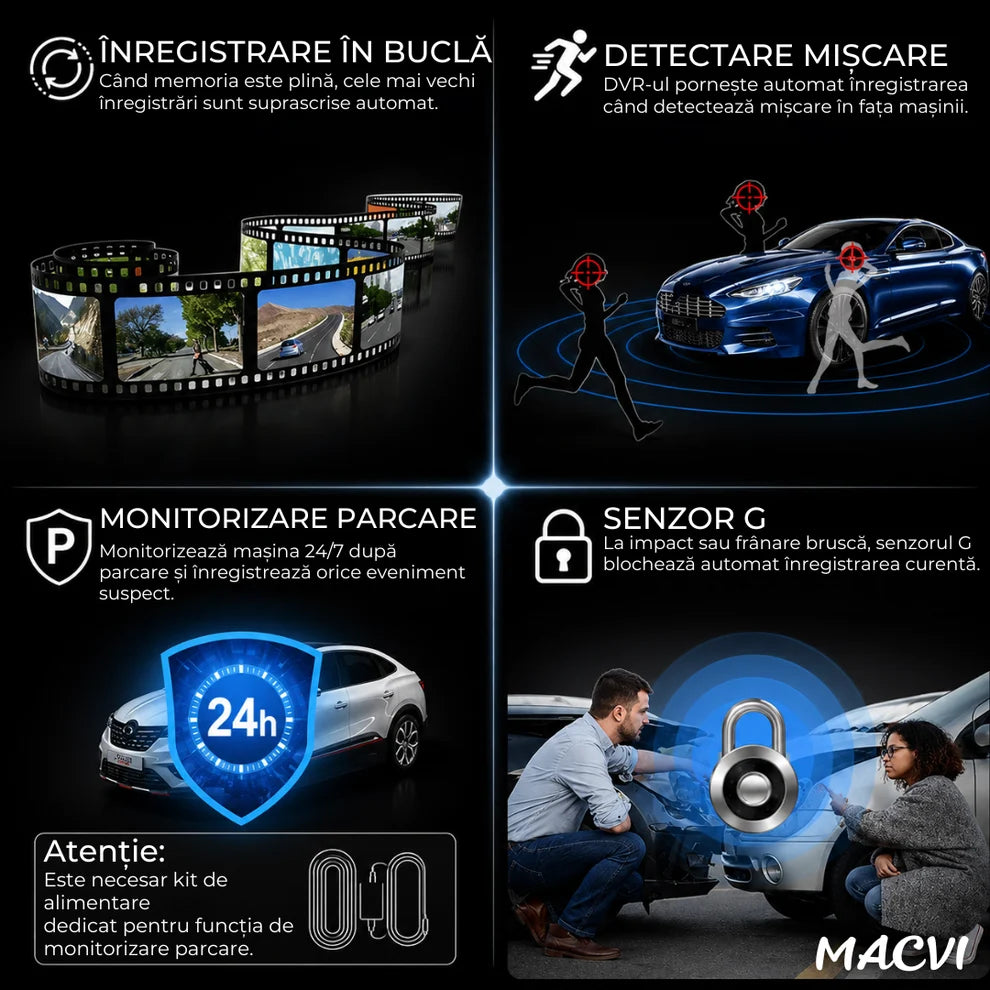 Oglindă Auto Retrovizoare DVR Macvi®, Cameră Duală Față + Marșarier, Full HD 1080P, Display 4.3", G-Sensor, Detectare Mișcare, Monitorizare Parcare, Înregistrare în Buclă, Unghi 170°, Negru