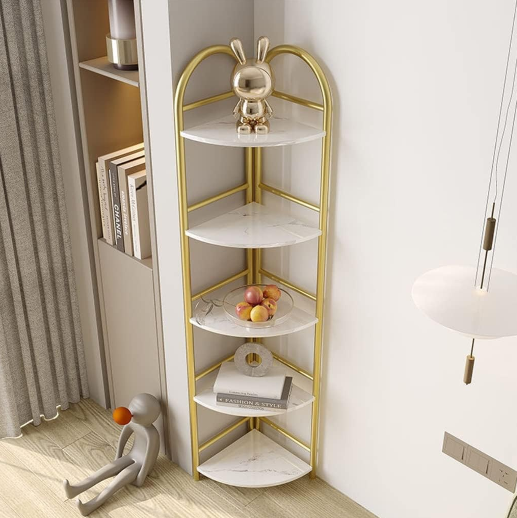 Raft decorativ de colt cu 4 rafturi - Design auriu cu efect marmura premium