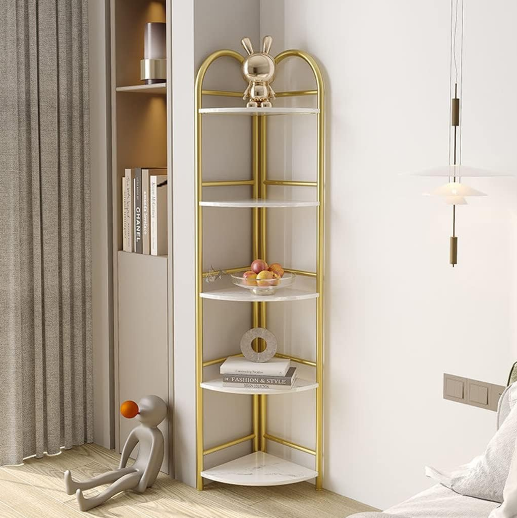 Raft decorativ de colt cu 4 rafturi - Design auriu cu efect marmura premium