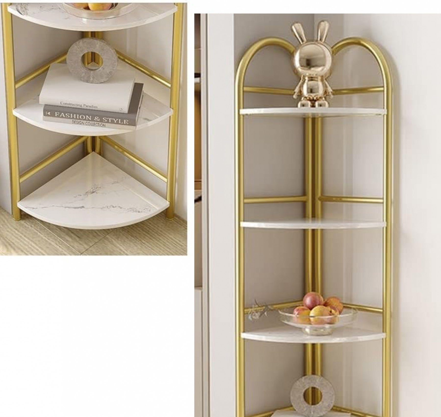 Raft decorativ de colt cu 4 rafturi - Design auriu cu efect marmura premium