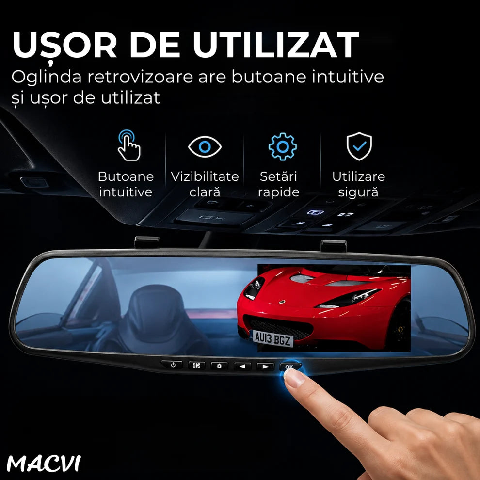 Oglindă Auto Retrovizoare DVR Macvi®, Cameră Duală Față + Marșarier, Full HD 1080P, Display 4.3", G-Sensor, Detectare Mișcare, Monitorizare Parcare, Înregistrare în Buclă, Unghi 170°, Negru