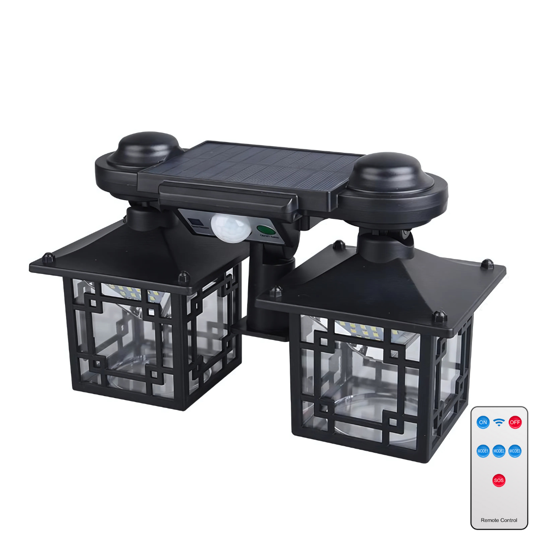 Felinar Solar Dublu, OPTIM SOLUTION, cu Senzor de Miscare si Telecomanda, Energie Solara, 192 LED-uri Puternice, Iluminare pentru Curte, Gradina, Capete Reglabile, Autonomie Extinsa, Control Facial, Performanta Eficienta Energetic, IP65, Negru