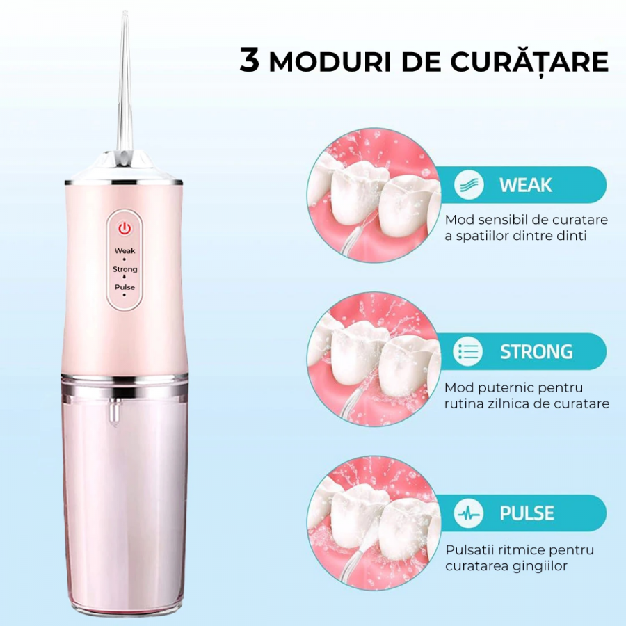 Irigator oral pentru dus bucal cu 4 capete curatare 3 moduri rezervor 220 ml