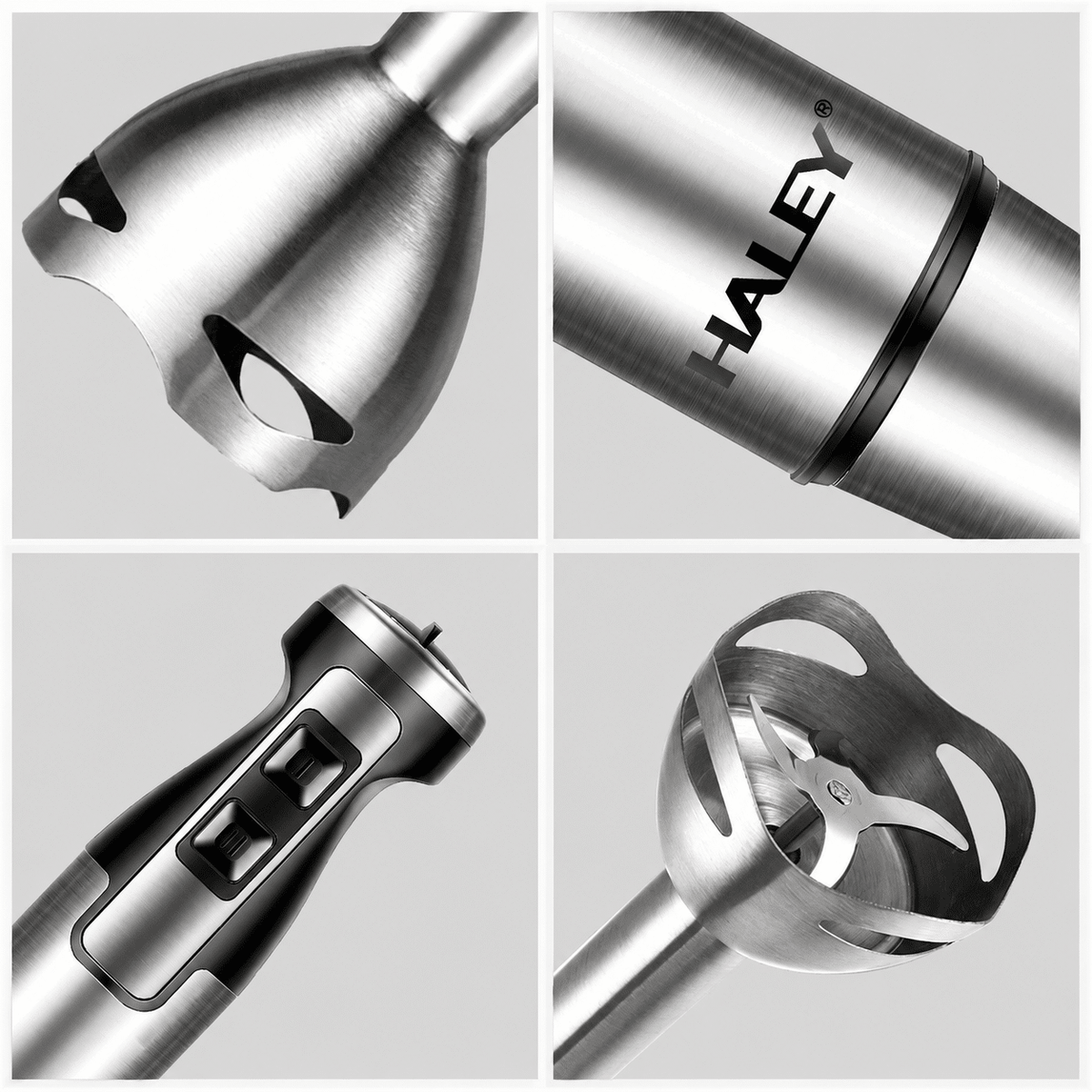Blender Vertical De Mână Haley HY-1103, 1600W, 2 Viteze, Lame Din Oțel Inoxidabil, Picior Detașabil, Funcție Anti-Stropire, Roșu/Inox
