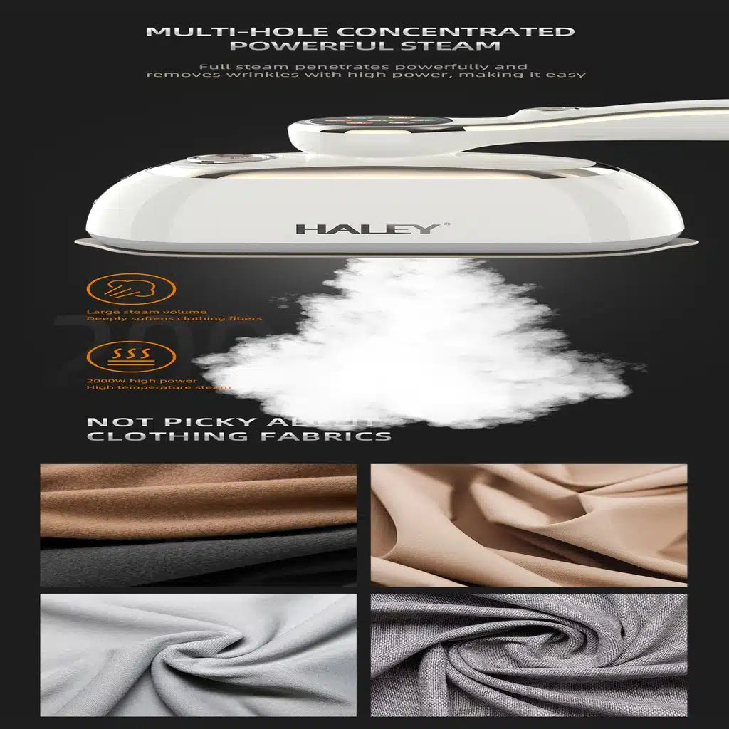 Steamer HALEY HY-2004, 2000W, Rezervor 150 ml, Talpă Inox, Încălzire Rapidă, Abur Continuu, Portabil, Ideal pentru voiaj, Alb