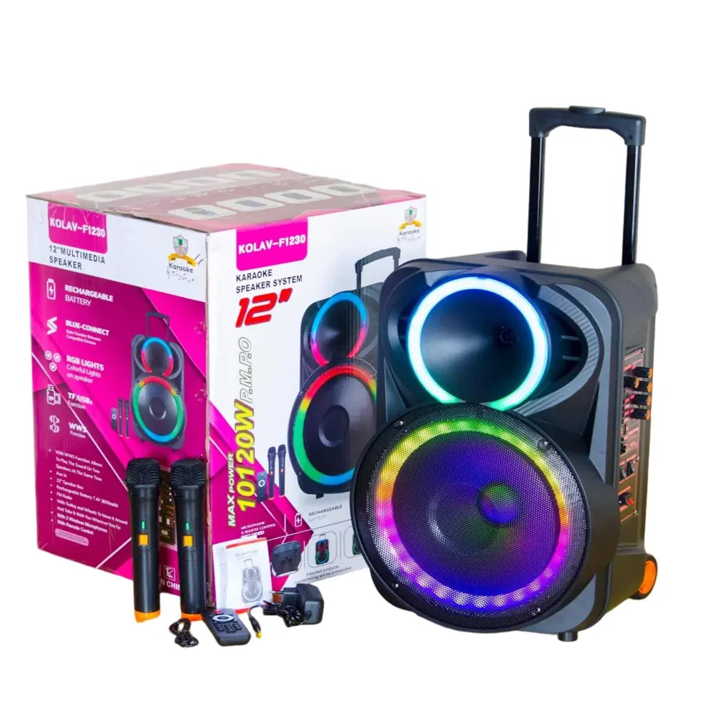 At Performance Vezi toate produsele Boxă Portabilă Karaoke 12" KOLAV F1230, 400W PMPO, Acumulator Reîncărcabil, 2 Microfoane Wireless, Bluetooth, RGB LED, TWS, USB/TF, FM Radio, Telecomandă, Bass puternic
