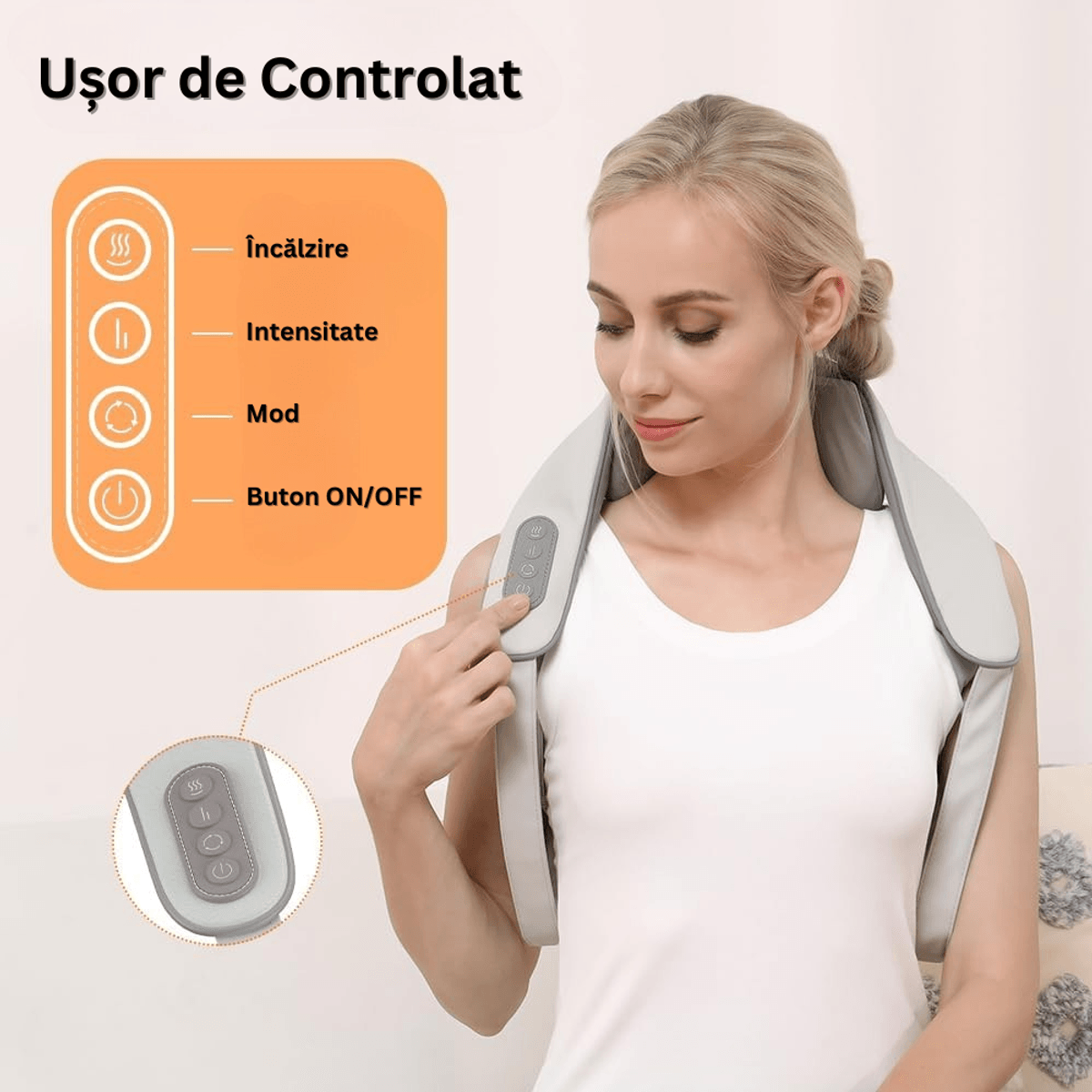 Aparat Masaj Cervical Hands-Free, pentru Relaxare Musculara, Rola de Masat care Imita Masajul Uman, Functie Incalzire