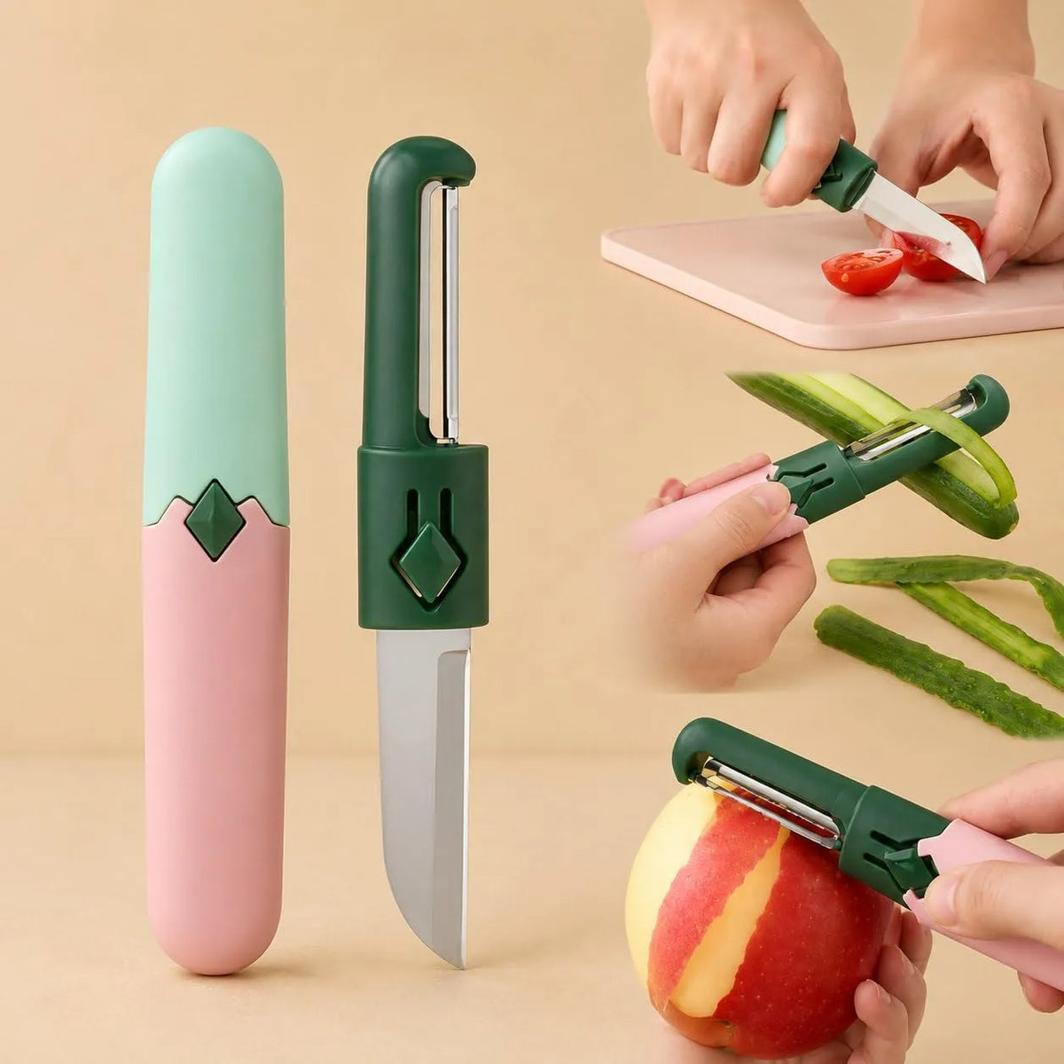 Set 2 Bucati  Cutit 2 in 1 cu Peeler din Otel Inoxidabil, Maner Ergonomic, Multifunctional pentru Bucatarie