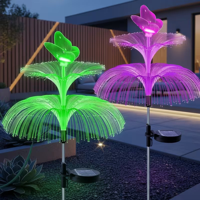 Set 2 Lampă solară decorativă, meduză, pentru grădină, cu lumină LED RGB, fibră optică, 7 culori