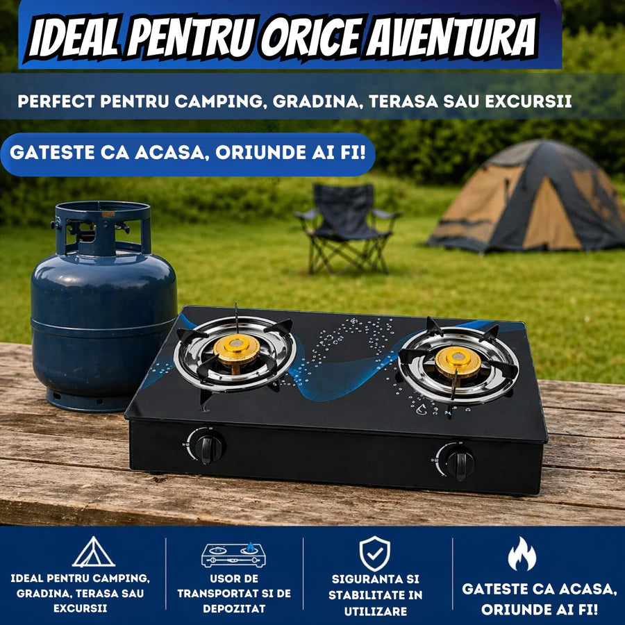 Aragaz Plita Camping 2 Arzatoare Sticla Neagra Securizata Fonta Alama Aprindere Quartz GPL