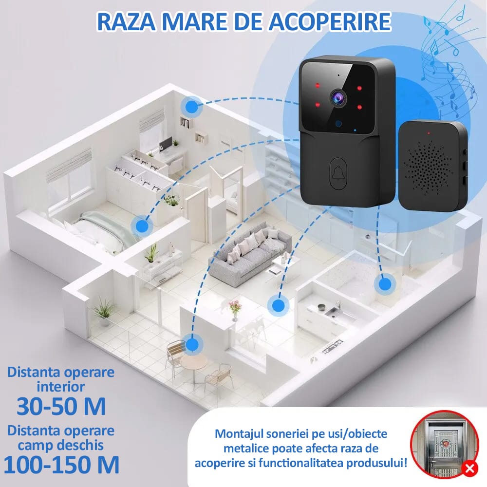 Sonerie wireless cu camera video, NEXTLY, rezolutie video HD 720p, vedere nocturna, microfon bidirectional, apel vocal si video, control prin aplicatie, 19 melodii, autonomie mare, distanta 30-50M int