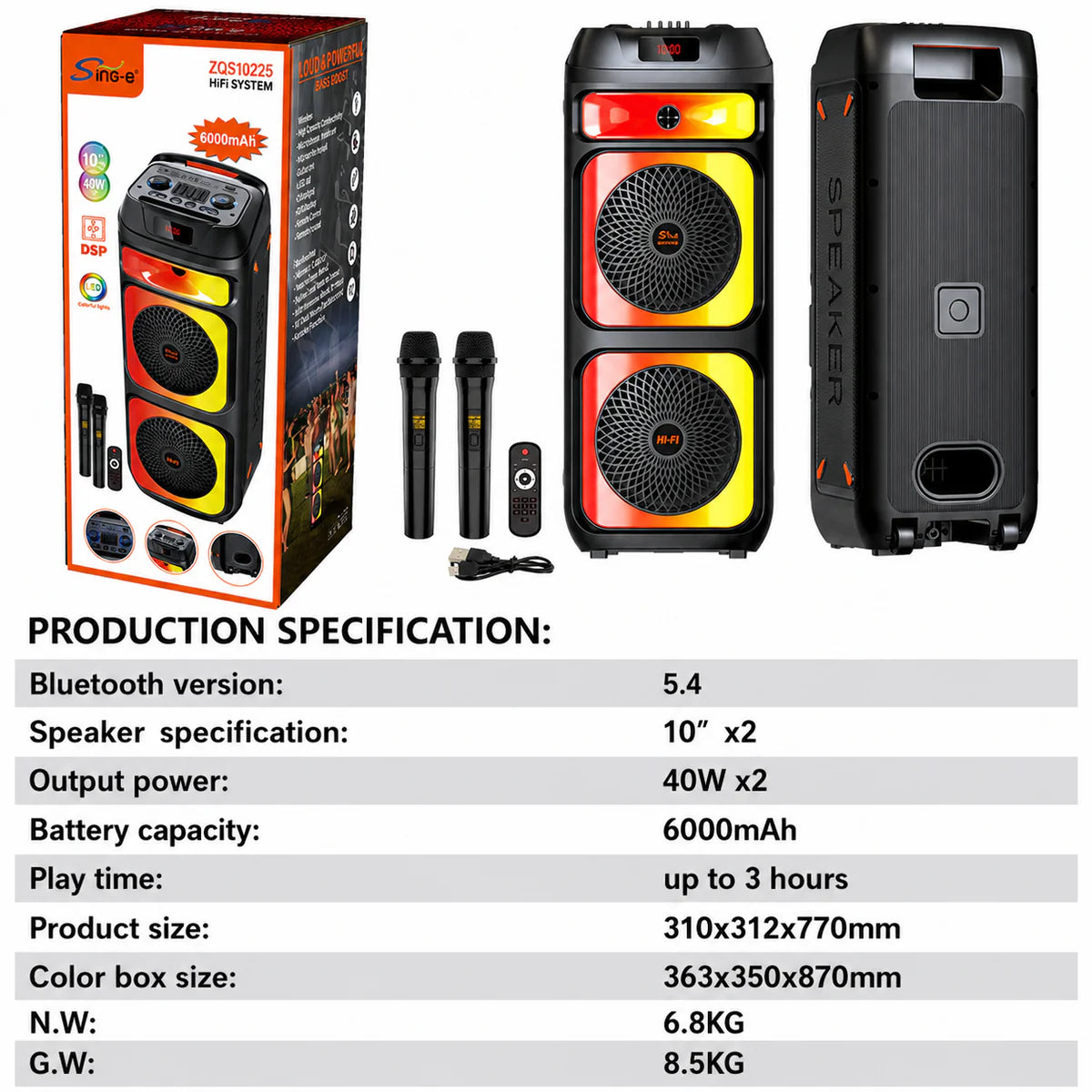 At Performance Vezi toate produsele Boxă Portabilă Karaoke Sing-e ZQS10225, Bluetooth, 2x10", 80W, DSP Audio, 2 Microfoane Wi-Fi, LED RGB, Acumulator 6000mAh, Telecomandă
