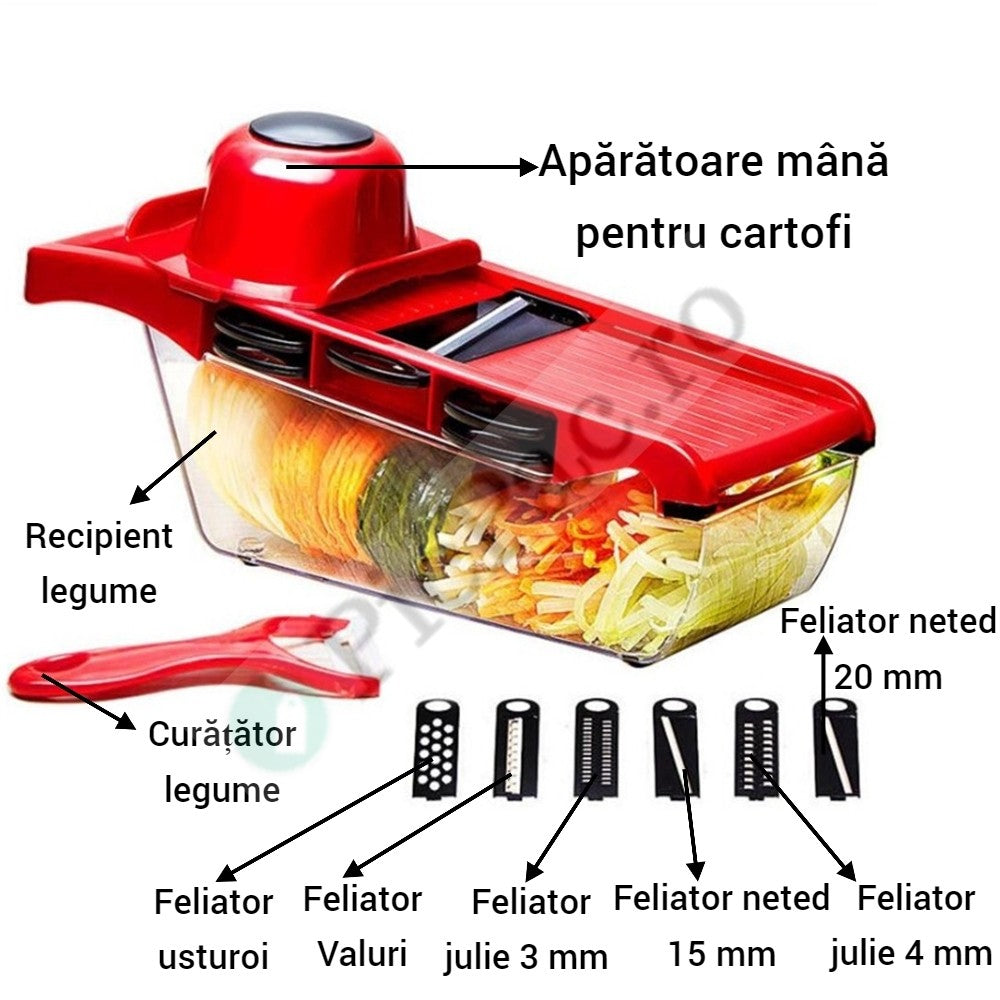 Razatoare Multifunctionala 6 in 1 pentru Legume si Fructe - Lame Inox cu Recipient