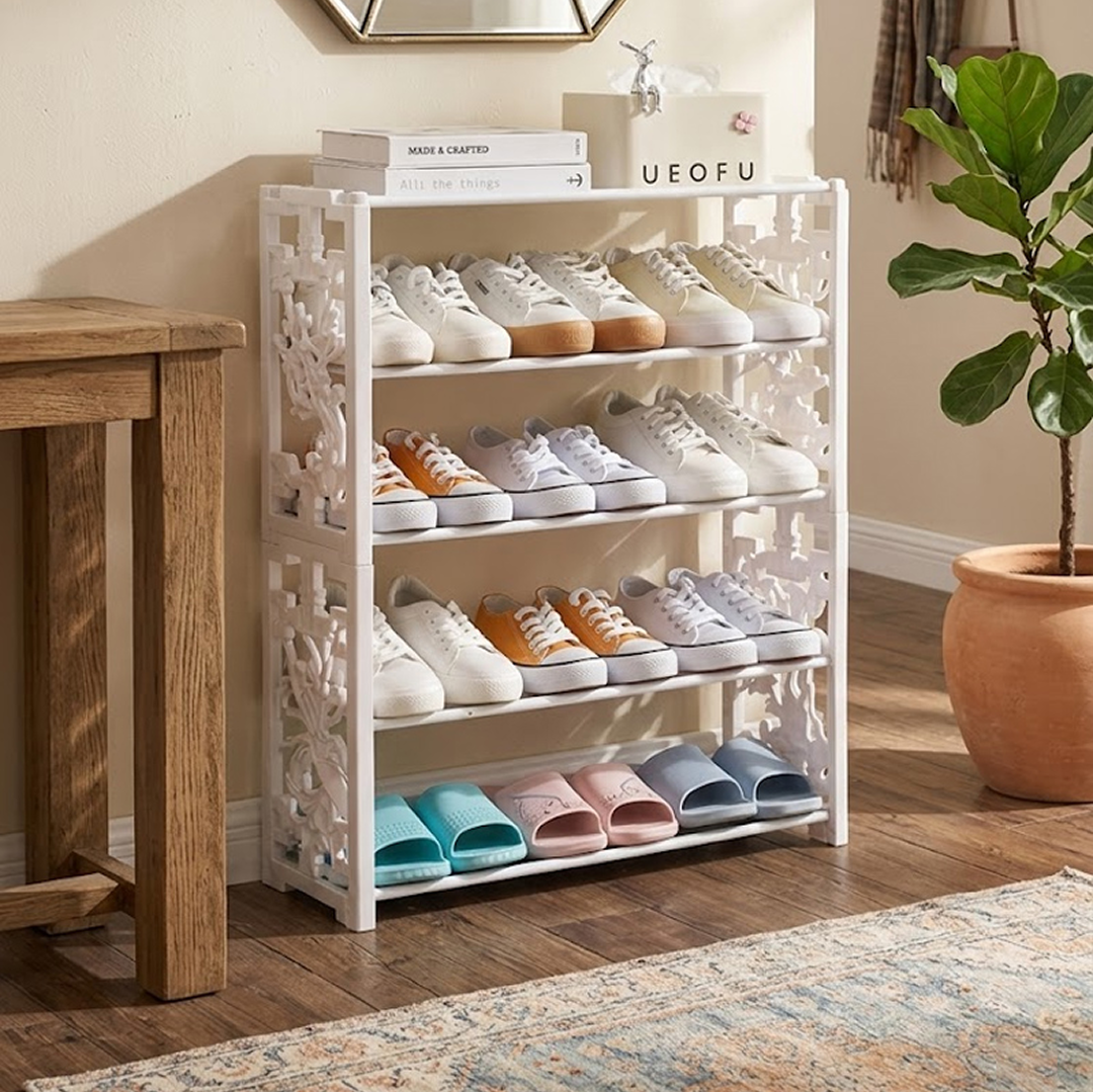 Pantofar 5 Niveluri din Lemn Alb | Panouri Laterale Decorative Ajurate | Blat Superior Depozitare | 90x62x24cm