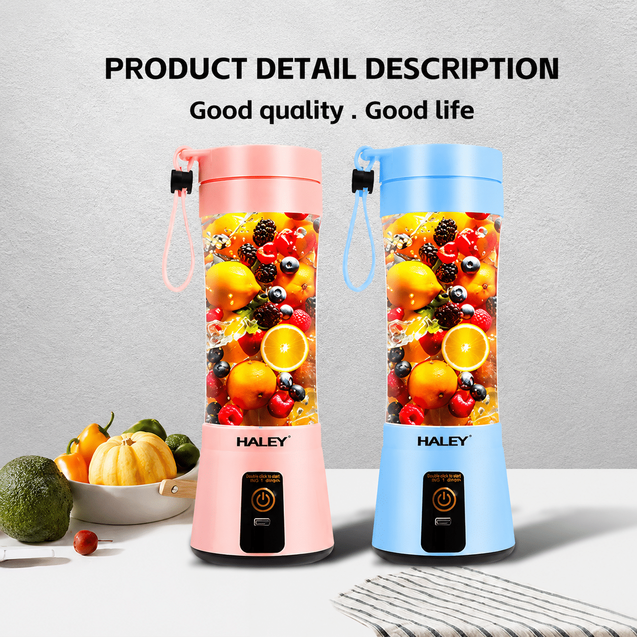 Blender Portabil Haley HY-2950, 480 ml, Baterie 2000 mAh, Reîncărcabil USB, Mini Smoothie Maker pentru Fructe și Legume