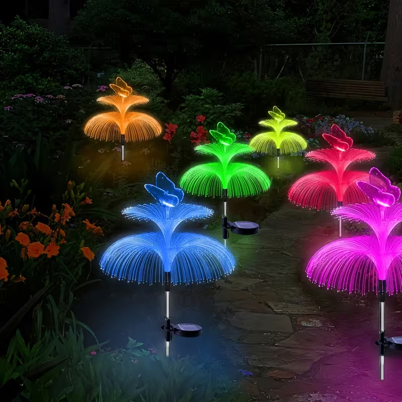 Set 2 Lampă solară decorativă, meduză, pentru grădină, cu lumină LED RGB, fibră optică, 7 culori