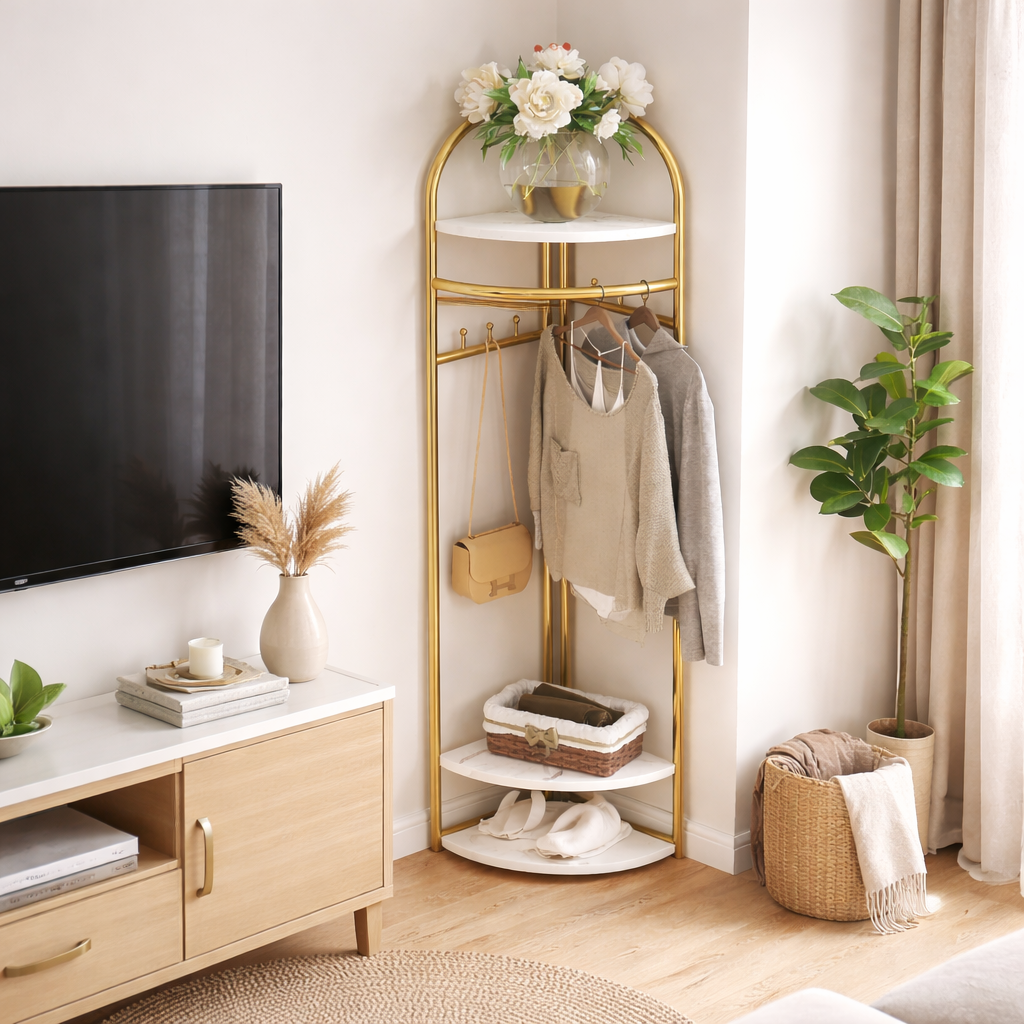 Cuier de colt, Metalic Auriu, cu Blaturi din MDF, 3 Rafturi, 6 Carlige, Inaltime 160 cm