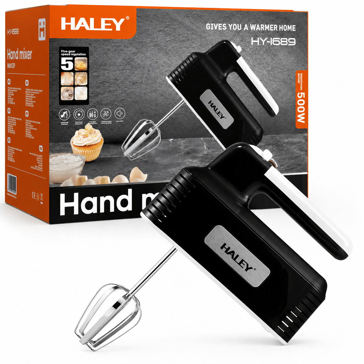 Mixer de Mână HALEY HY-1689, 500W, 5 Trepte de Viteză, Teluri și Cârlige pentru Frământare, Sistem de Detașare Rapidă, Negru