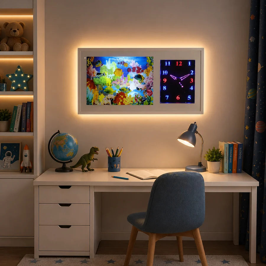 Ceas LED decorativ cu acvariu animat si pesti colorati in miscare si lumina ambientala, 42 x 25 x 9cm