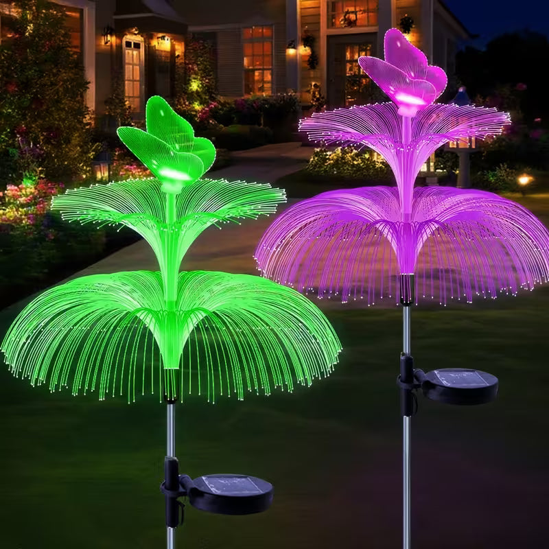 Set 2 Lampă solară decorativă, meduză, pentru grădină, cu lumină LED RGB, fibră optică, 7 culori