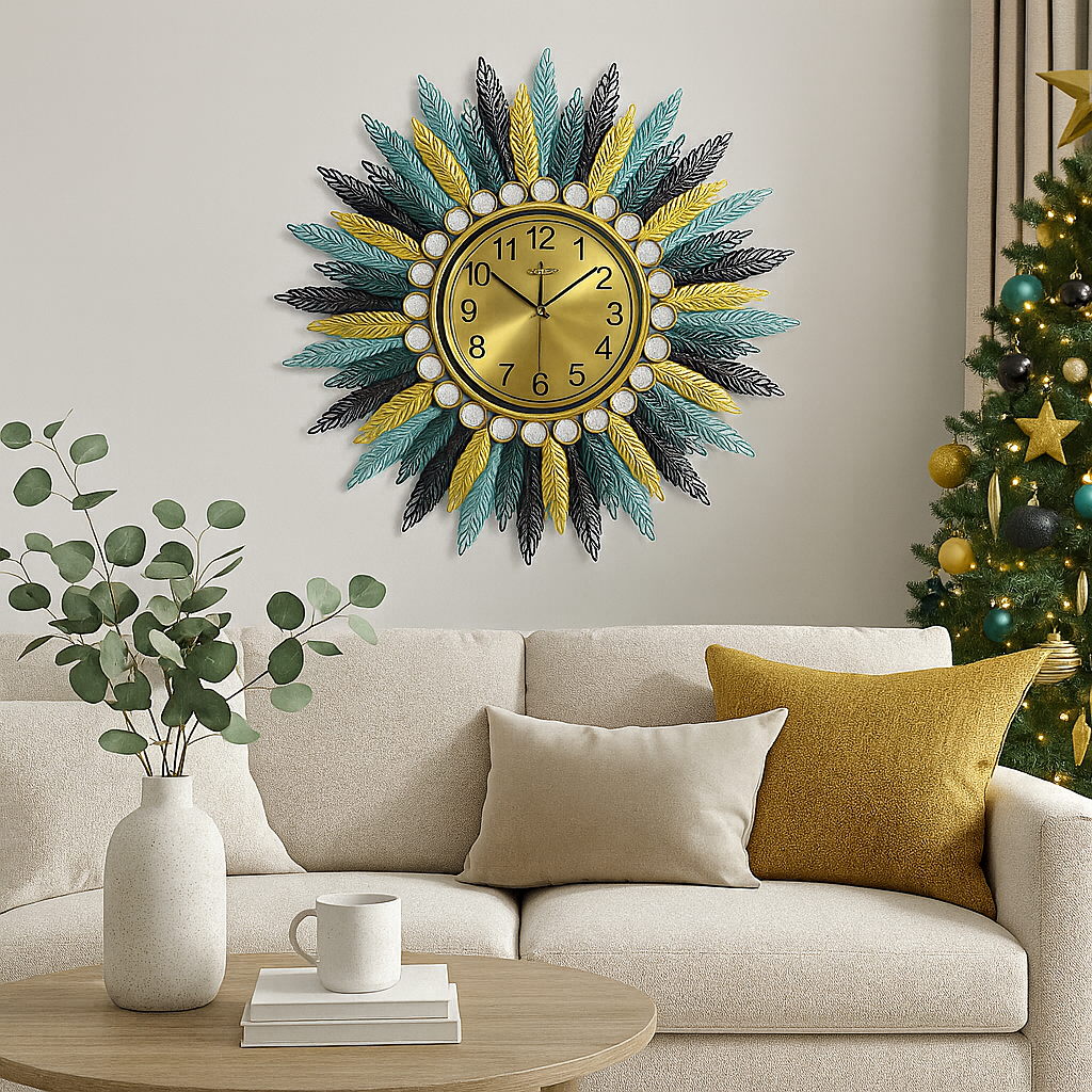 Ceas de Perete Decorativ Modern | Design Floare | Metal | 73 cm | Quartz | Auriu Multicolor