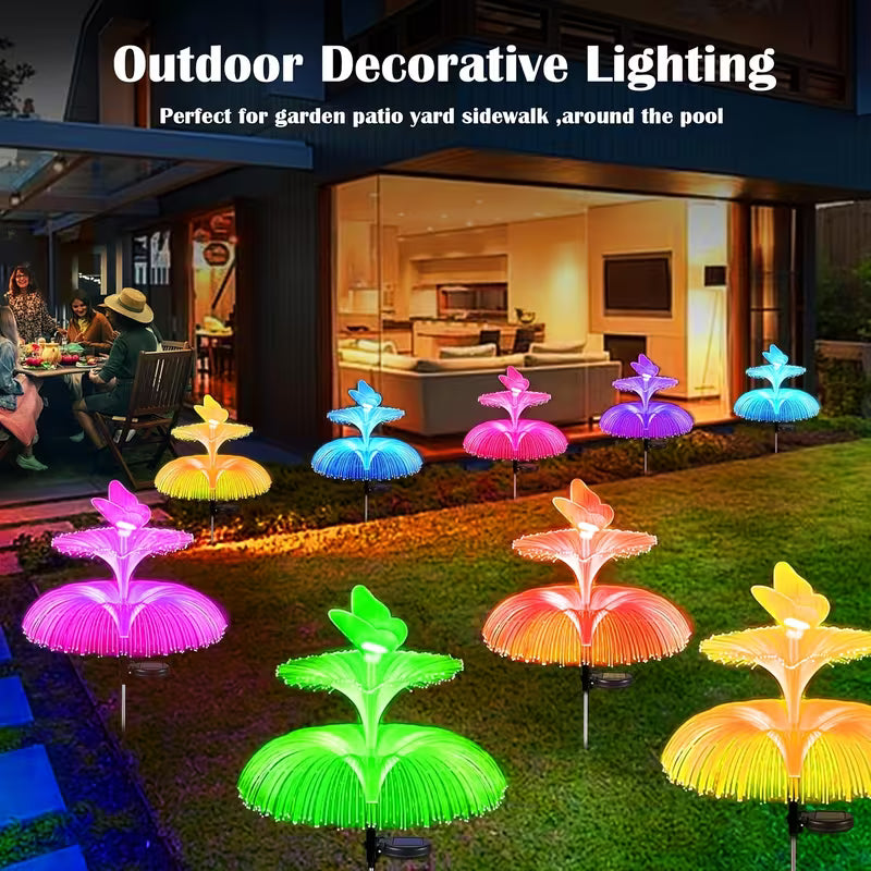 Set 2 Lampă solară decorativă, meduză, pentru grădină, cu lumină LED RGB, fibră optică, 7 culori