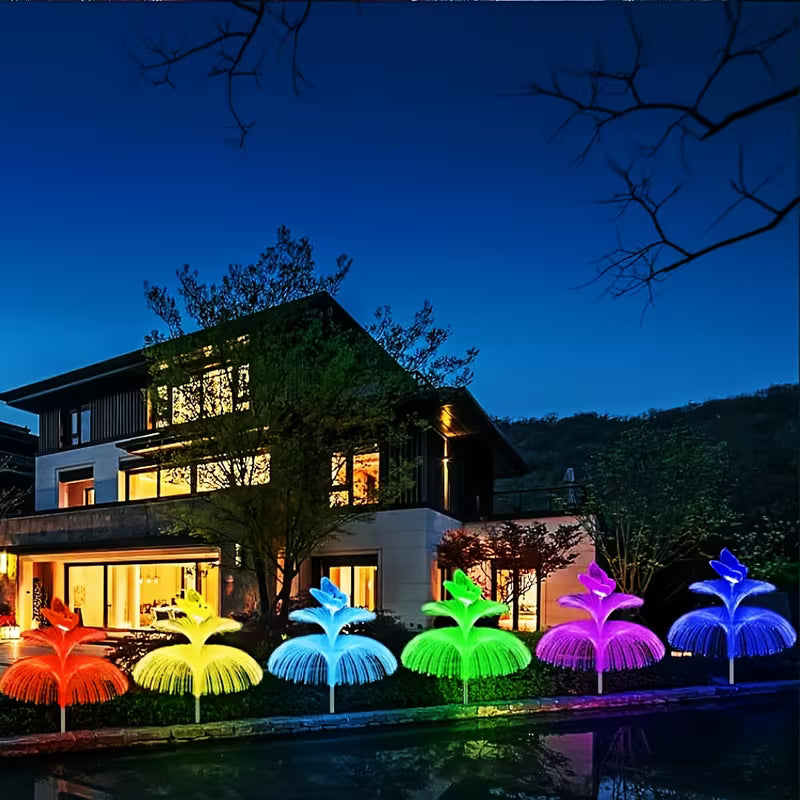Set 2 Lampă solară decorativă, meduză, pentru grădină, cu lumină LED RGB, fibră optică, 7 culori