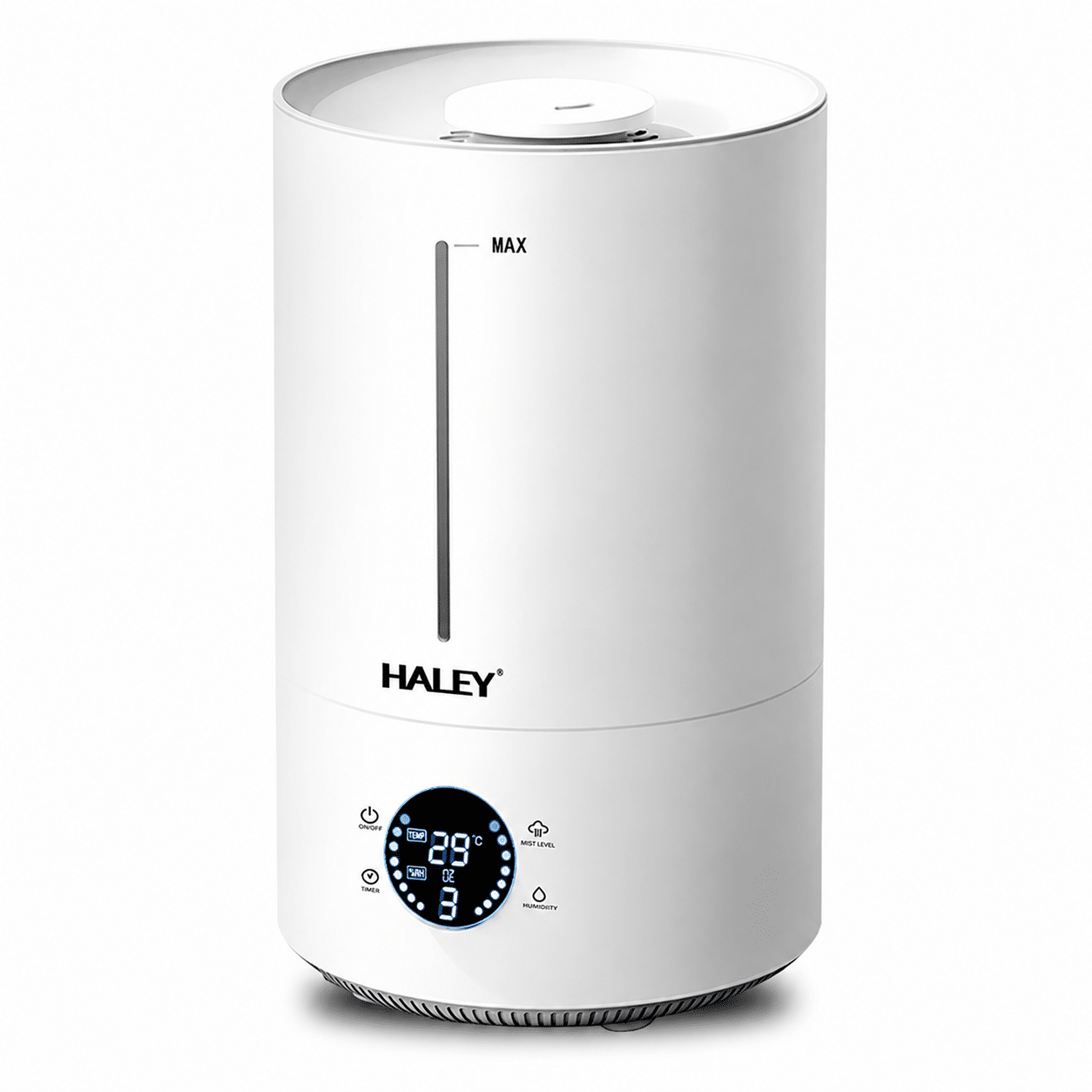 Umidificator de Aer HALEY HY-3101, Rezervor 5L, Umidificare 360°, Intensitate Reglabilă, Umplere de Sus, Panou Digital, 1000W, Alb