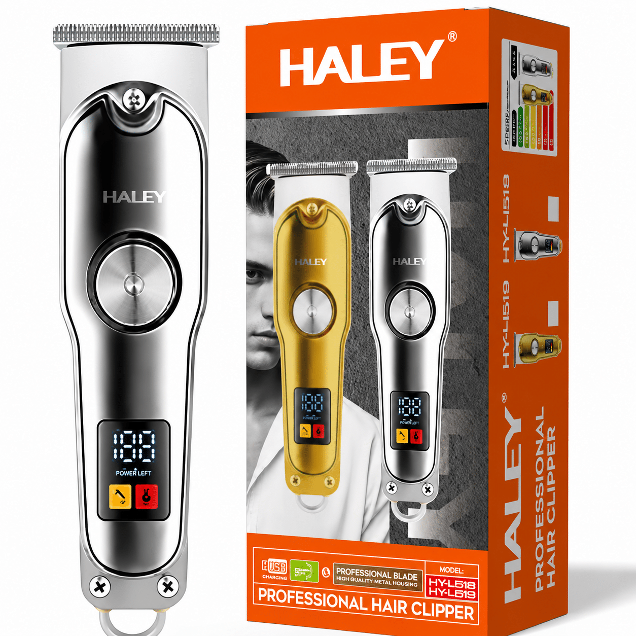 Mașină Profesională de Tuns și Contur HALEY HY-4518/HY-4519, Acumulator 500mAh, Autonomie 60 Min, Display LED, 4 Piepteni 1.5–6 mm, Încărcare USB