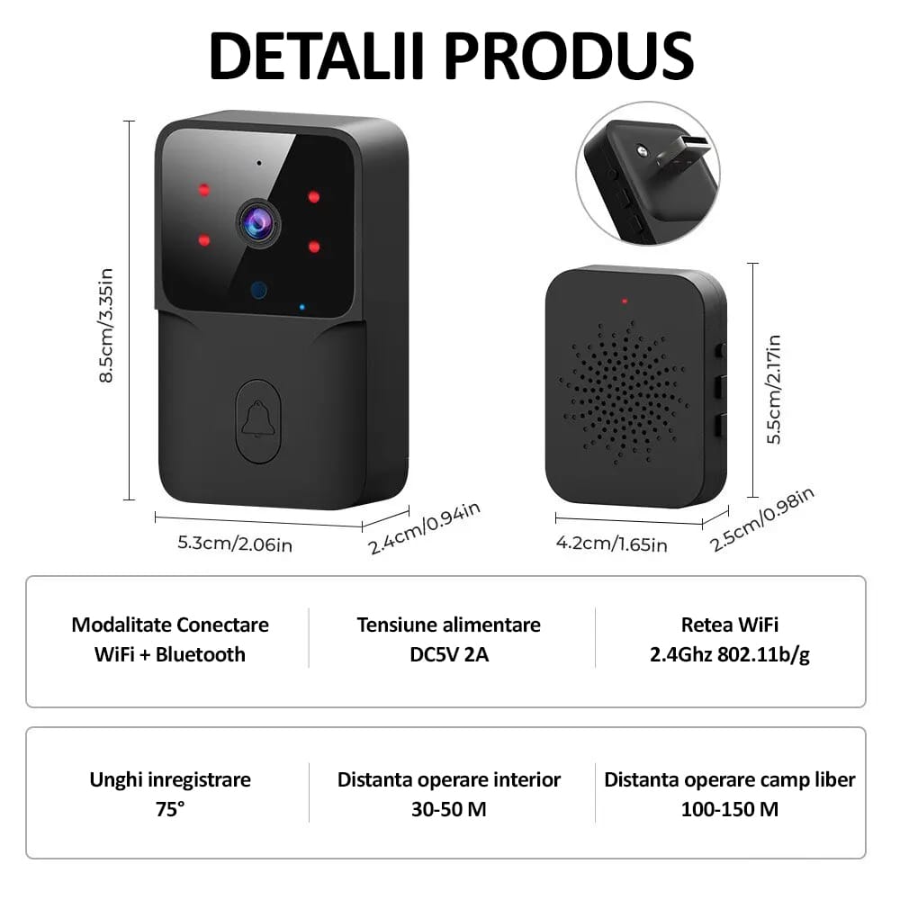 Sonerie wireless cu camera video, NEXTLY, rezolutie video HD 720p, vedere nocturna, microfon bidirectional, apel vocal si video, control prin aplicatie, 19 melodii, autonomie mare, distanta 30-50M int
