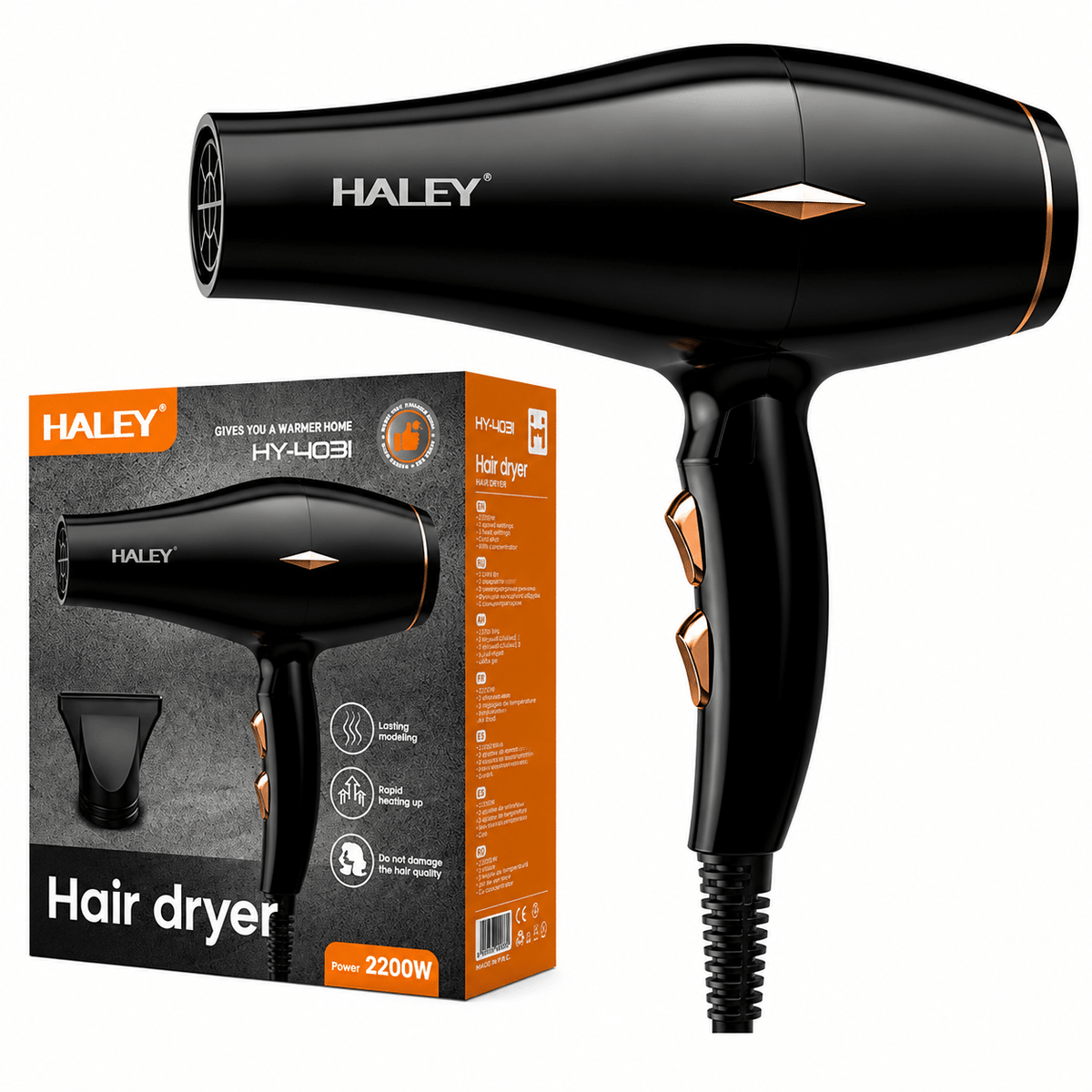 Uscător De Păr Profesional Haley HY-4031, 2200W, 3 Trepte De Temperatură, Control Inteligent Al Temperaturii, Concentrator De Aer, Filtru Detașabil, Negru
