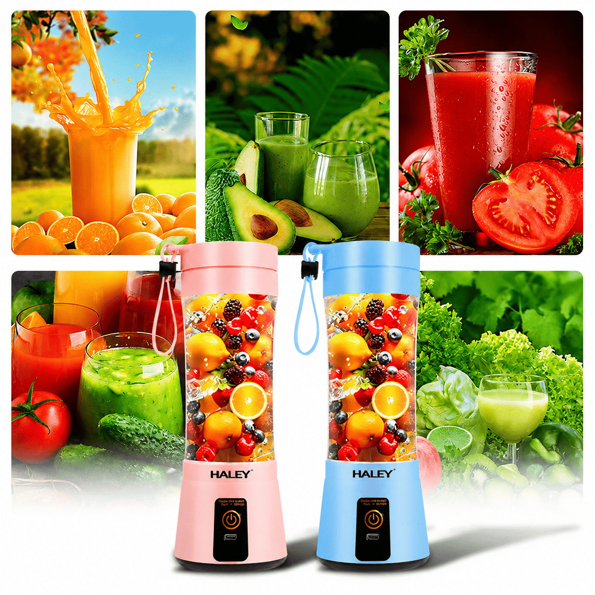 Blender Portabil Haley HY-2950, 480 ml, Baterie 2000 mAh, Reîncărcabil USB, Mini Smoothie Maker pentru Fructe și Legume