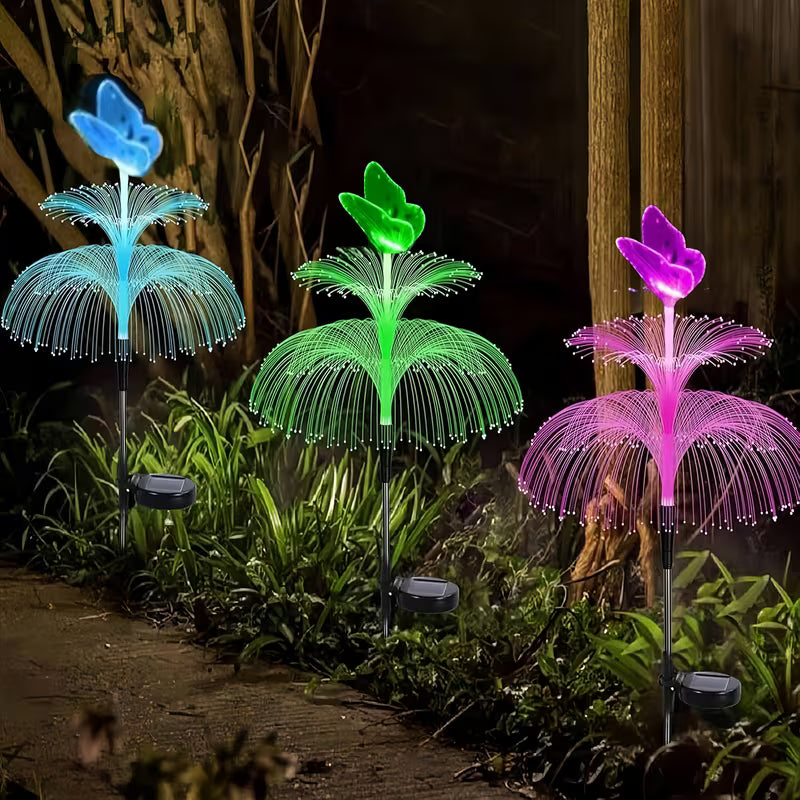 Set 2 Lampă solară decorativă, meduză, pentru grădină, cu lumină LED RGB, fibră optică, 7 culori