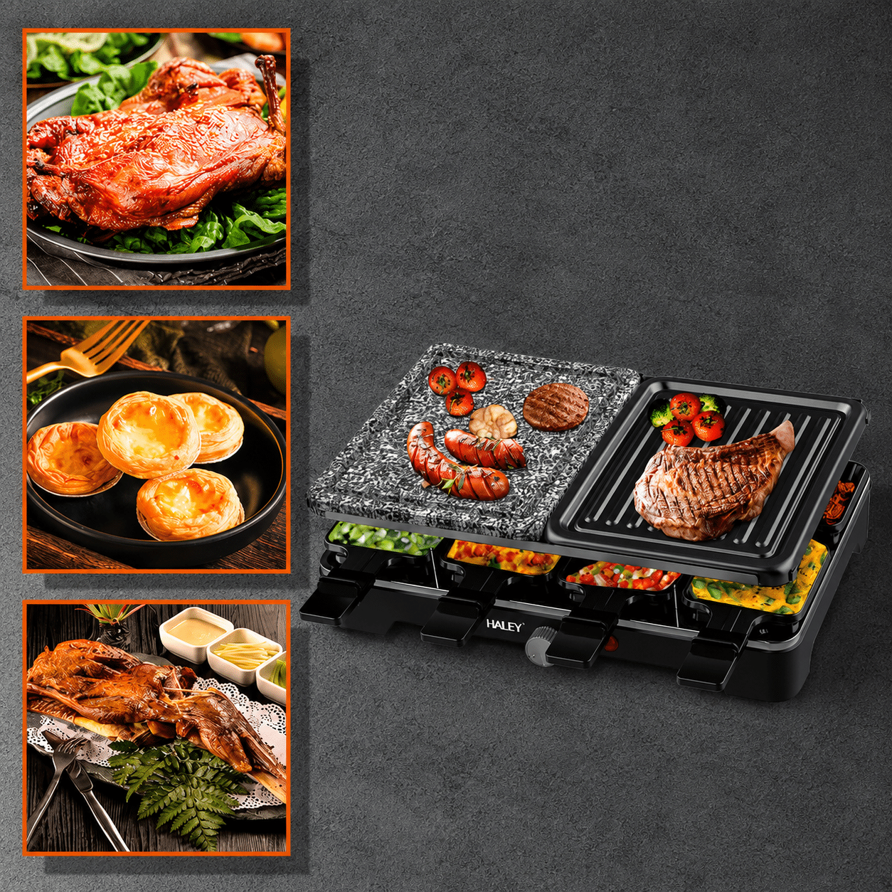 Grill Electric Multifuncțional HALEY HY-8610, 10 în 1, 1500W, Raclette cu 8 Tăvițe, Placă Grill și Piatră pentru Gătit, Temperatură Reglabilă