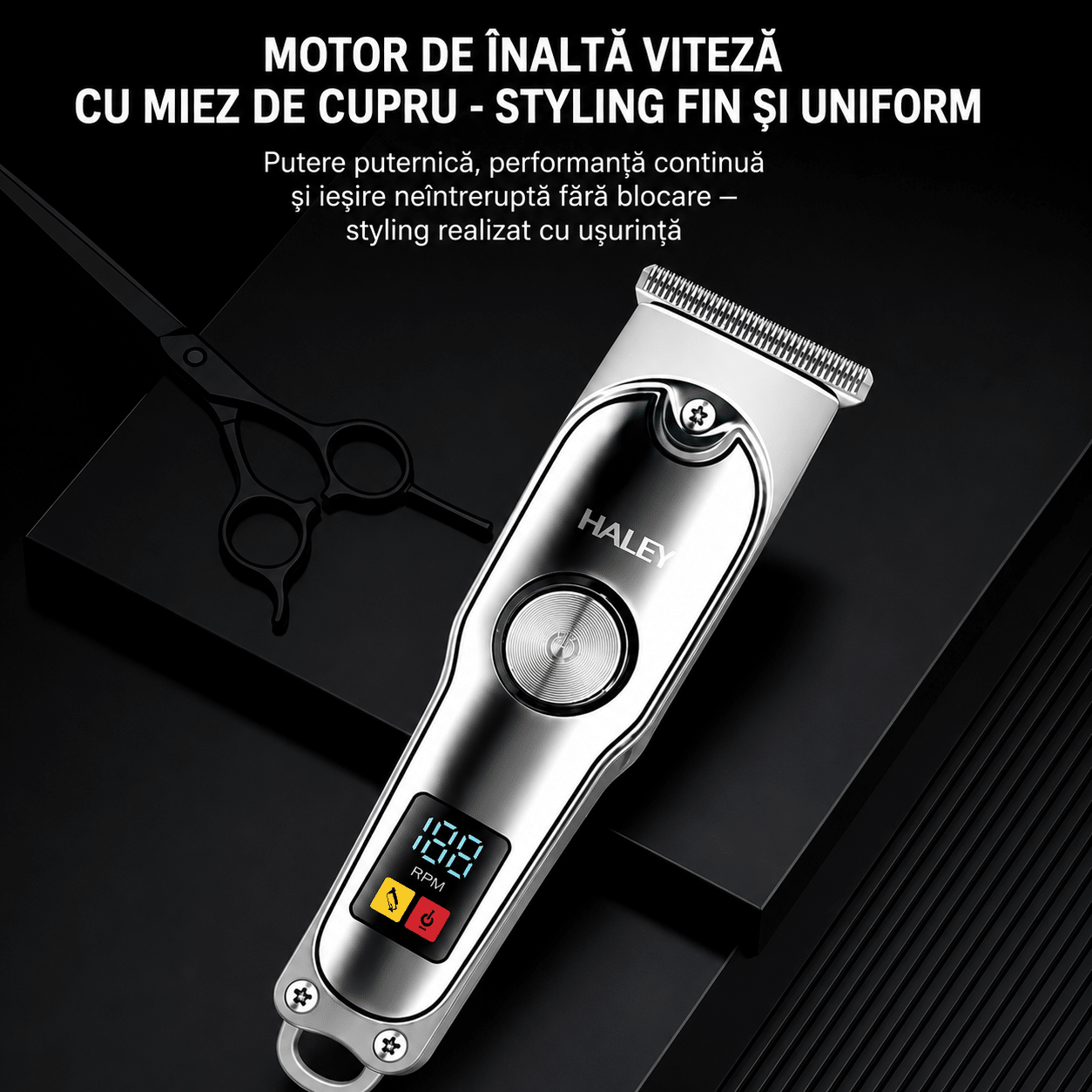 Mașină Profesională de Tuns și Contur HALEY HY-4518/HY-4519, Acumulator 500mAh, Autonomie 60 Min, Display LED, 4 Piepteni 1.5–6 mm, Încărcare USB