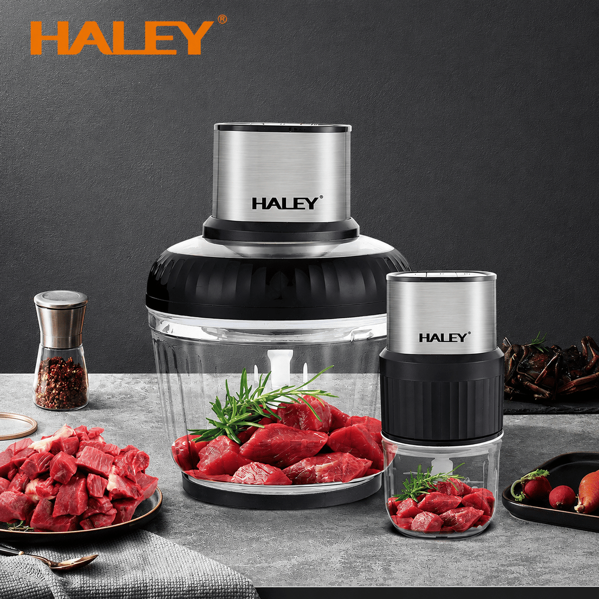 Tocător Electric Haley HY-1249, 500W, 2 Recipiente 2.5L + 0.5L, 3 Viteze, 4 + 6 Lame, Sticlă Borosilicată