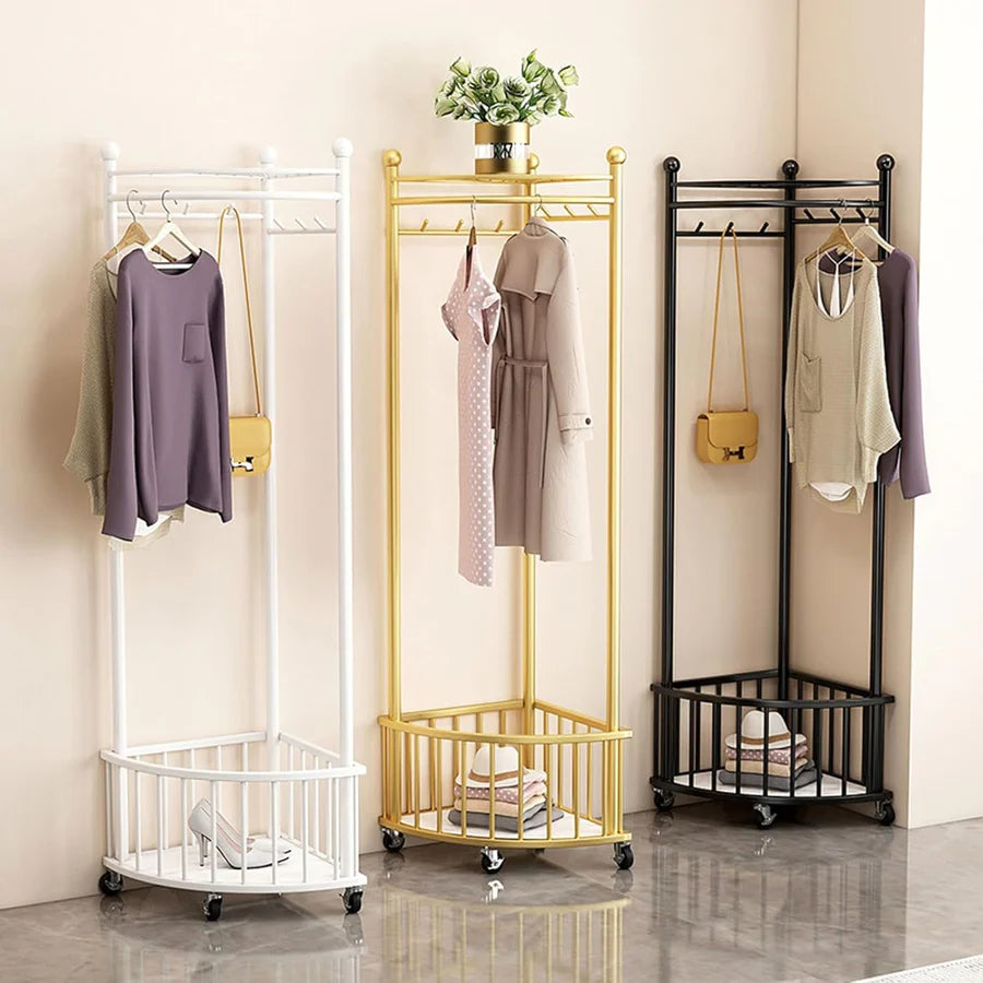 Cuier de colt multifunctional cu roti,metalic, auriu, 40 x 40 x 160 cm