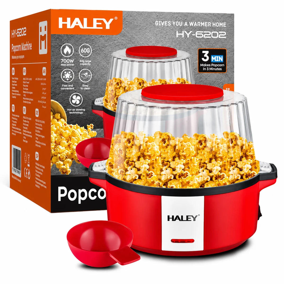 HALEY Vezi toate produsele Aparat pentru Popcorn HALEY® HY-6202, 700W, 60g, Tehnologie cu Aer Cald, Fără Ulei, Popcorn în 3 Minute